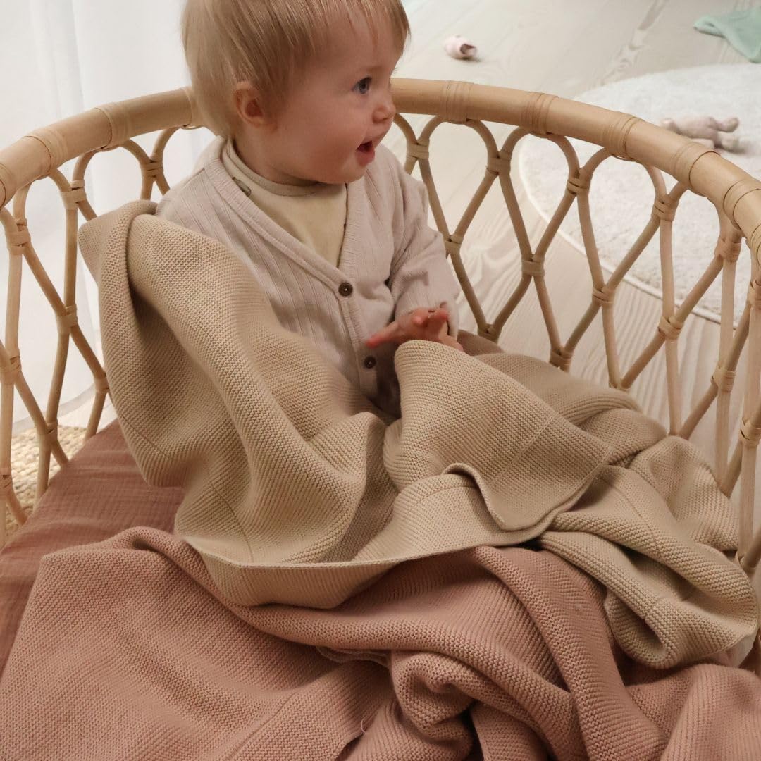 Knitted Organic Cotton Baby Blanket- Swaddle Blanket, 30" x 40" Soft Receiving Blanket for Newborn (Mochachino)