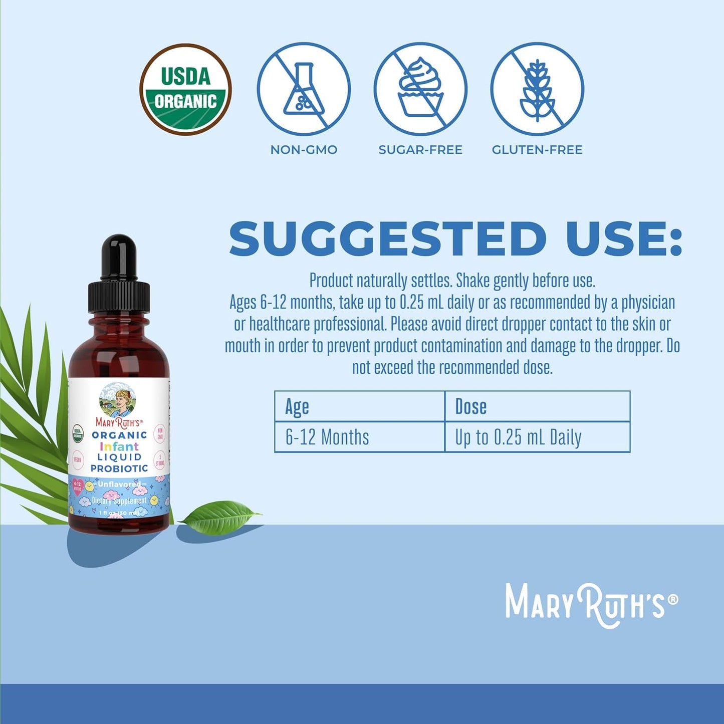 MaryRuth Organics USDA Organic Infant Liquid Probiotic Drops | Baby Essentials | Probiotics for Infants | Baby Probiotic Drops | Proprietary Probiotic Blend | Vegan | Non GMO | 125 Servings