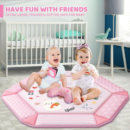Baby Gym Play Mat, 8-in-1 Tummy Time Mat & Ball Pit with 6 Toys, Washable Baby Activity Mat for Visual, Hearing, Sensory, Motor Development, Baby Gift for Newborn Infant 0-3-6-9-12 Months (Pink)