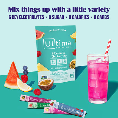 Ultima Replenisher Daily Electrolyte Powder Drink Mix – Tropical Variety, 20 Stickpacks – Hydration Packets with 6 Electrolytes and Minerals – Keto Friendly, Non-GMO and Sugar-Free