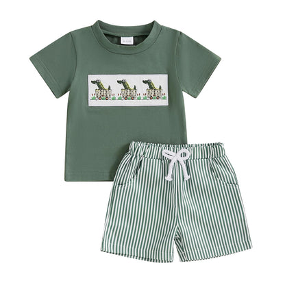 Toddler Baby Boy Summer Outfits Short Sleeve Embroidered T Shirt Tees + Striped/Plaid Shorts Infant Clothes Set