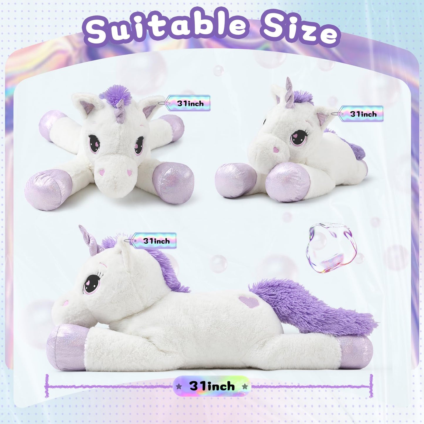 43" Giant Unicorn Stuffed Animal, Unicorn Plush Pillow Toys Big Plushy Fluffy, Gift for Girls Kids Boys Girlfriend, White & Purple