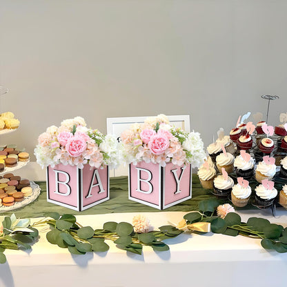 4 Set Baby Shower Centerpieces for Tables - 6 inch Wooden Boxes with Baby Letters Rustic Cube Planter Wood Blocks for Boy Girl Gender Reveal Party Favor (Blue)