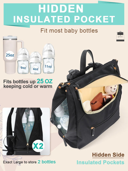 MOMINSIDE Diaper Bag Backpack - Large Baby Diaper Bag with 14 Pocket, Leather & Nylon Travel Diaper Backpack for Mom, Breast Pump Bag, Removable Cooler Compartment, Double Layer, Black
