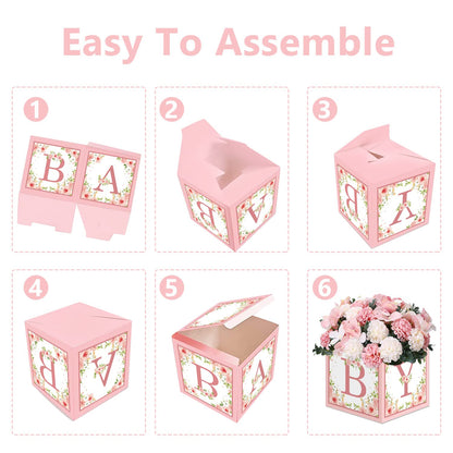 TSVATE Pink Baby Shower Boxes Decorations - 4 Baby Shower Centerpiece Boxes Gender Reveal First Birthday Centerpiece Decors (Without Flowers)