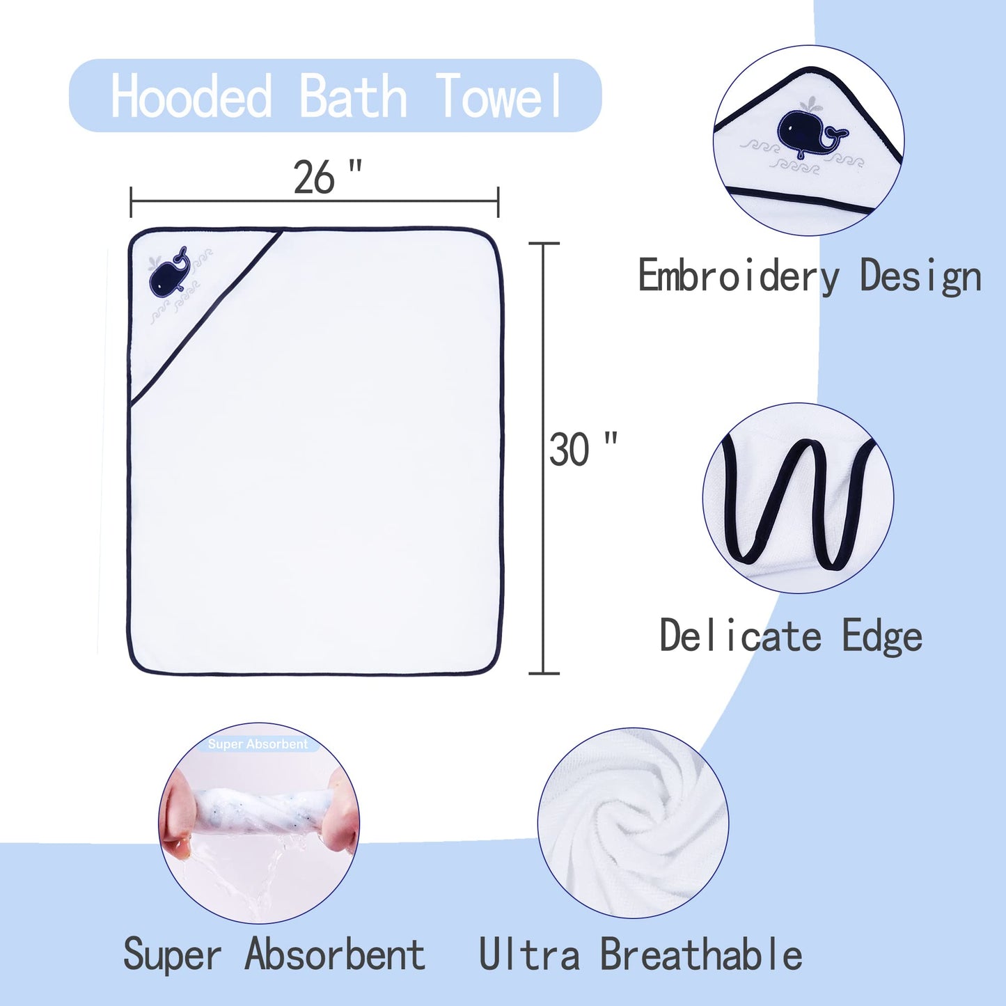 Viviland Baby Towels and Baby Wash Cloths Set Hooded Baby Towels Baby Wipes Absorbent Bath Face Towels Burp Cloths or Face Towels for Girl Boy 6-Pack Size 28 x 28 Inch(Elephant Flower)