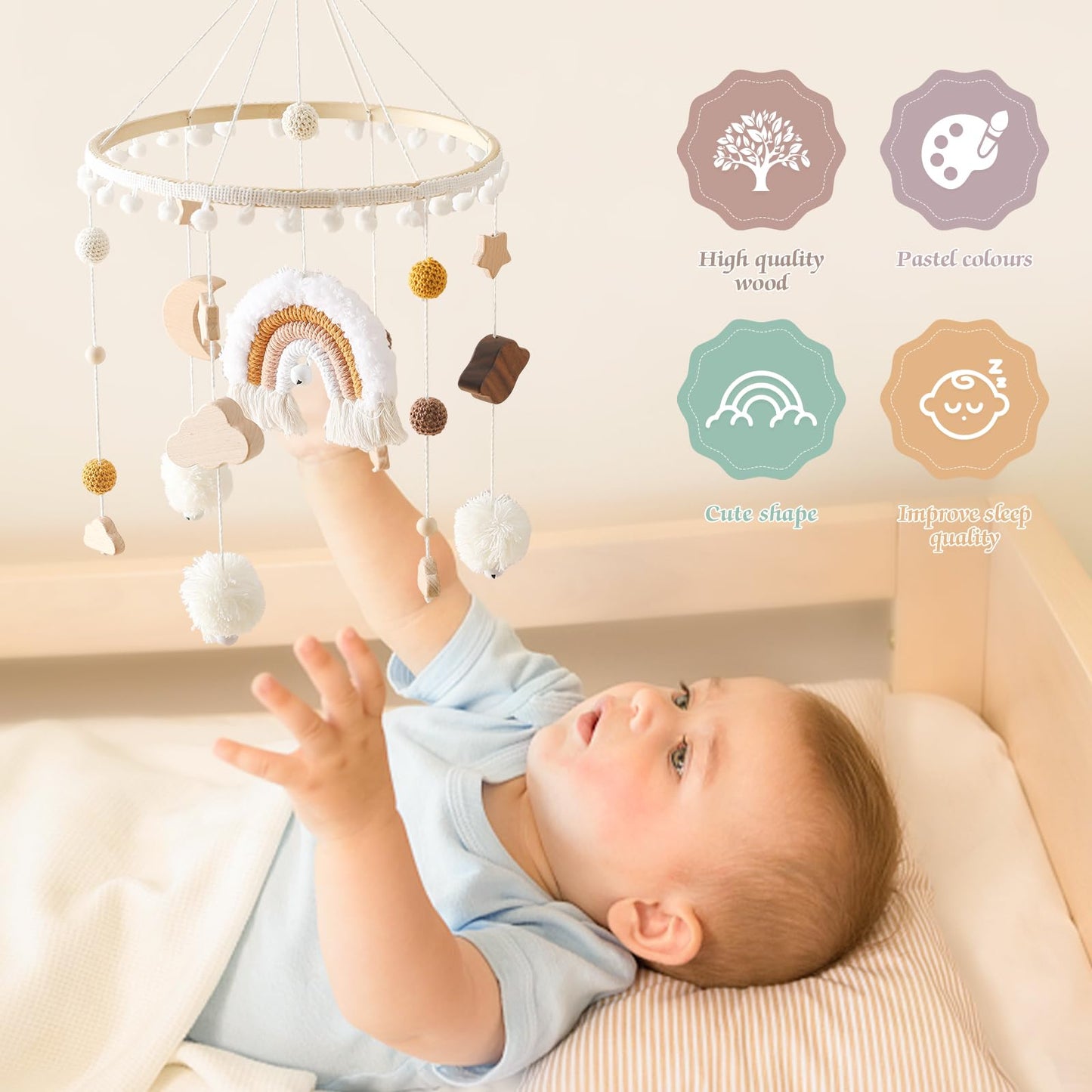 Baby Crib Mobile for Boys Girls| Boho Nursery Mobile| Gender Neutral Hand-Crocheted Mobile| Ceiling Mobile - Stars, Clouds, Moon