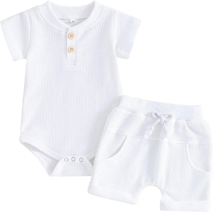 Kuriozud Newborn Baby Boy Summer Clothes Button Short Sleeve Romper Bodysuit Shorts Set Toddler Soft Waffle Outfit