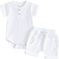 Kuriozud Newborn Baby Boy Summer Clothes Button Short Sleeve Romper Bodysuit Shorts Set Toddler Soft Waffle Outfit