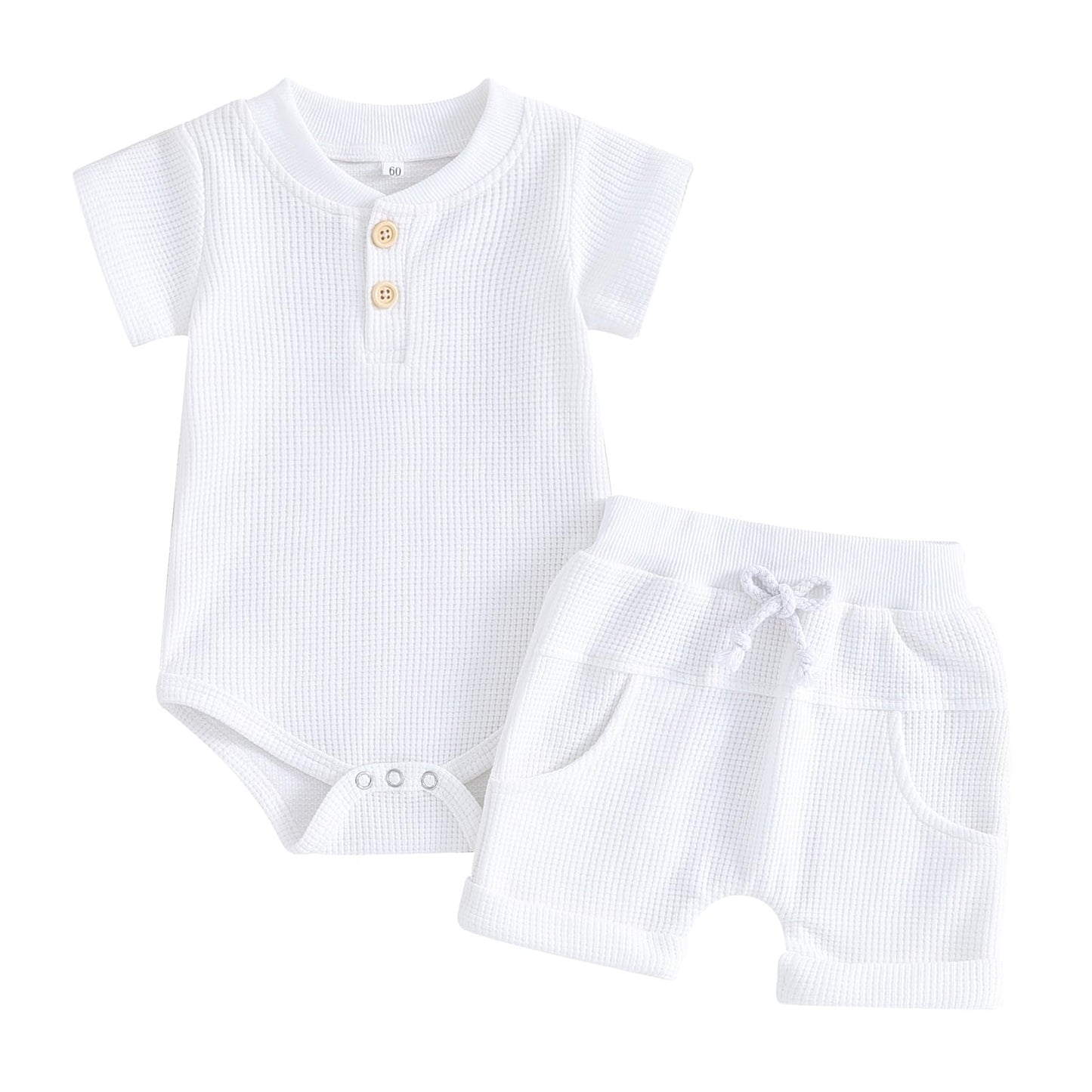Kuriozud Newborn Baby Boy Summer Clothes Button Short Sleeve Romper Bodysuit Shorts Set Toddler Soft Waffle Outfit