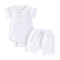 Kuriozud Newborn Baby Boy Summer Clothes Button Short Sleeve Romper Bodysuit Shorts Set Toddler Soft Waffle Outfit