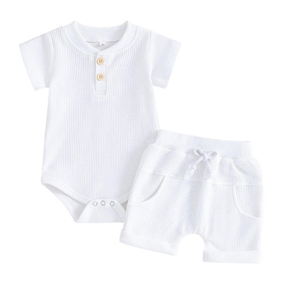 Kuriozud Newborn Baby Boy Summer Clothes Button Short Sleeve Romper Bodysuit Shorts Set Toddler Soft Waffle Outfit