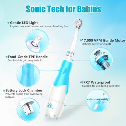 DADA-TECH Toddler Electric Toothbrush Kids Age 1-2-3 Years Old, Baby Electric Toothbrush with LED Light 2 Minutes Timer 4 Vibrating Heads for Infants Toothbrush 6 to 12 Months and Up (Pink Penguin)