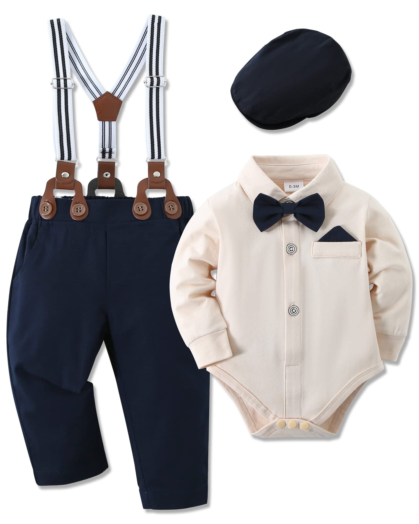 WESIDOM Baby Boy Clothes 0-18M Newborn Infant Gentleman Outfit, Shirt+Bowtie+Beret+Suspender Pant Baby boy Suit Clothing Set