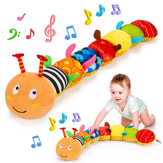 Baby Sensory Toy 0-6 Month Music Animal Stuffed Plush Caterpillar Toy for Infant 0-3-6 Month Tummy Time with Baby Mirror Crinkle Rattle for 6-12 Month Carseat Toy for Newborn Boys Girls Shower Gifts