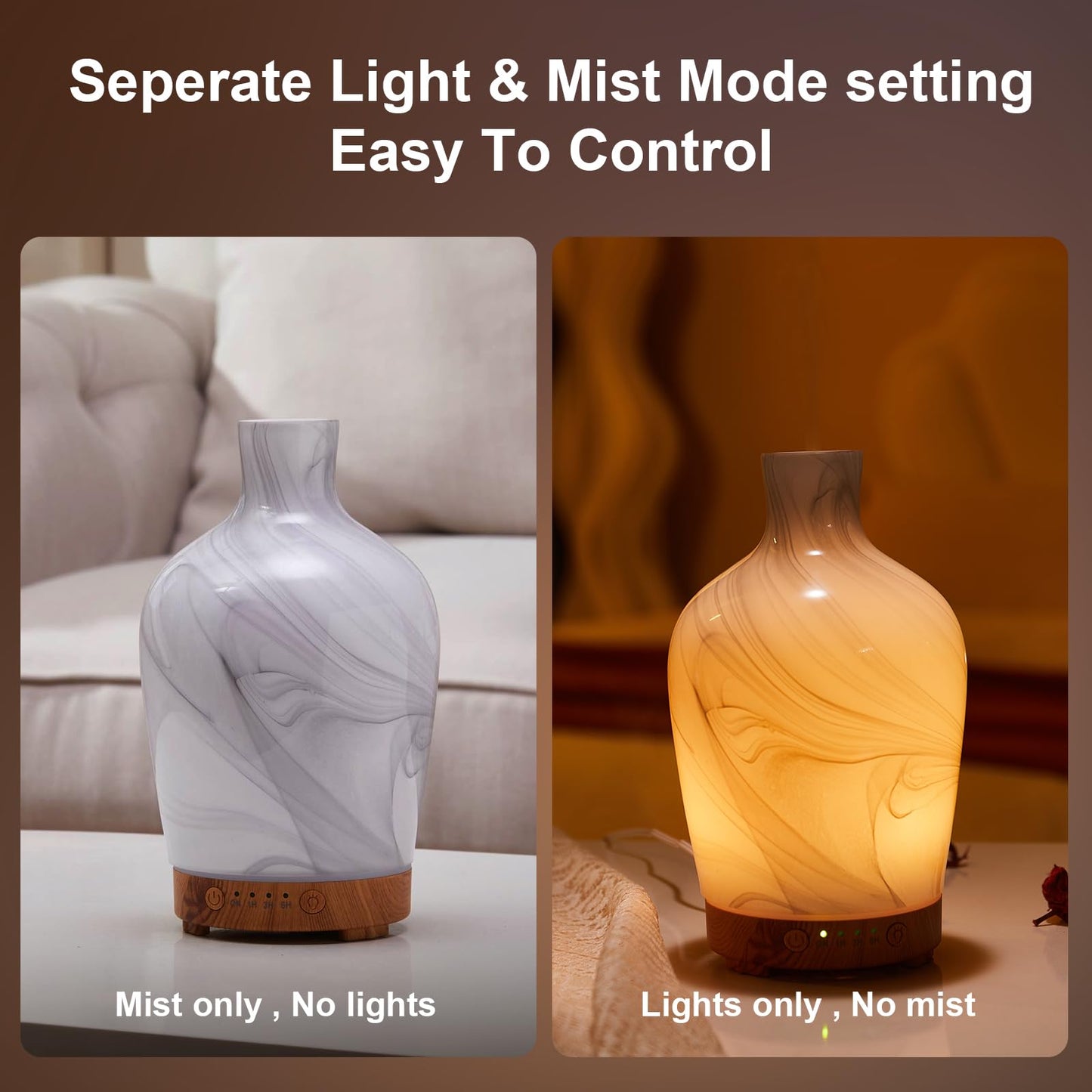 Essential Oil Diffuser Hand Blown Glass Aromatherapy Diffuser - Ultrasonic Cool Mist Scent Aroma Diffuser, Whisper Quiet with Auto Shut-Off, Timer Setting &7 Colors Night Light for Home