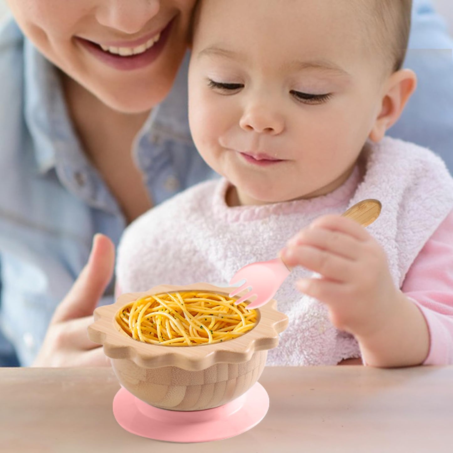 Bamboo Suction Plates Bowls Set for Baby Toddler Divided Platter Food bowl with Silicone Fork & Spoon All-Natural Baby Feeding Set for Baby-Led Weaning, Non-Slip Design