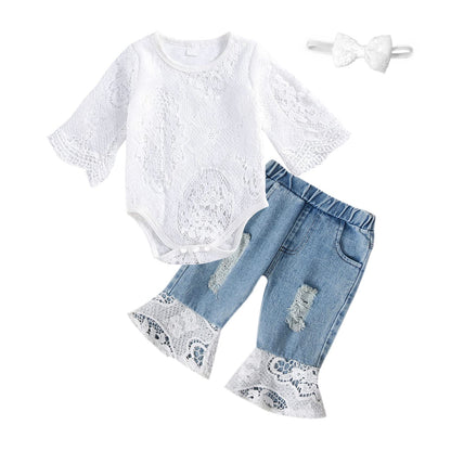 Baby Girl Clothes Set Lace Ruffle Romper Flare Denim Jean Pants and Headband 3Pcs Set Newborn Infant Outfits Set