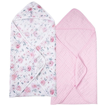 PHF 2 Pack Baby Hooded Towels, 100% Muslin Cotton Baby Bath Towel with Hood for Newborn, Infant, Toddler, Ultra Soft and Absorbent Baby Essentials Bath Towels for Girls, 32x32Inch, Floral