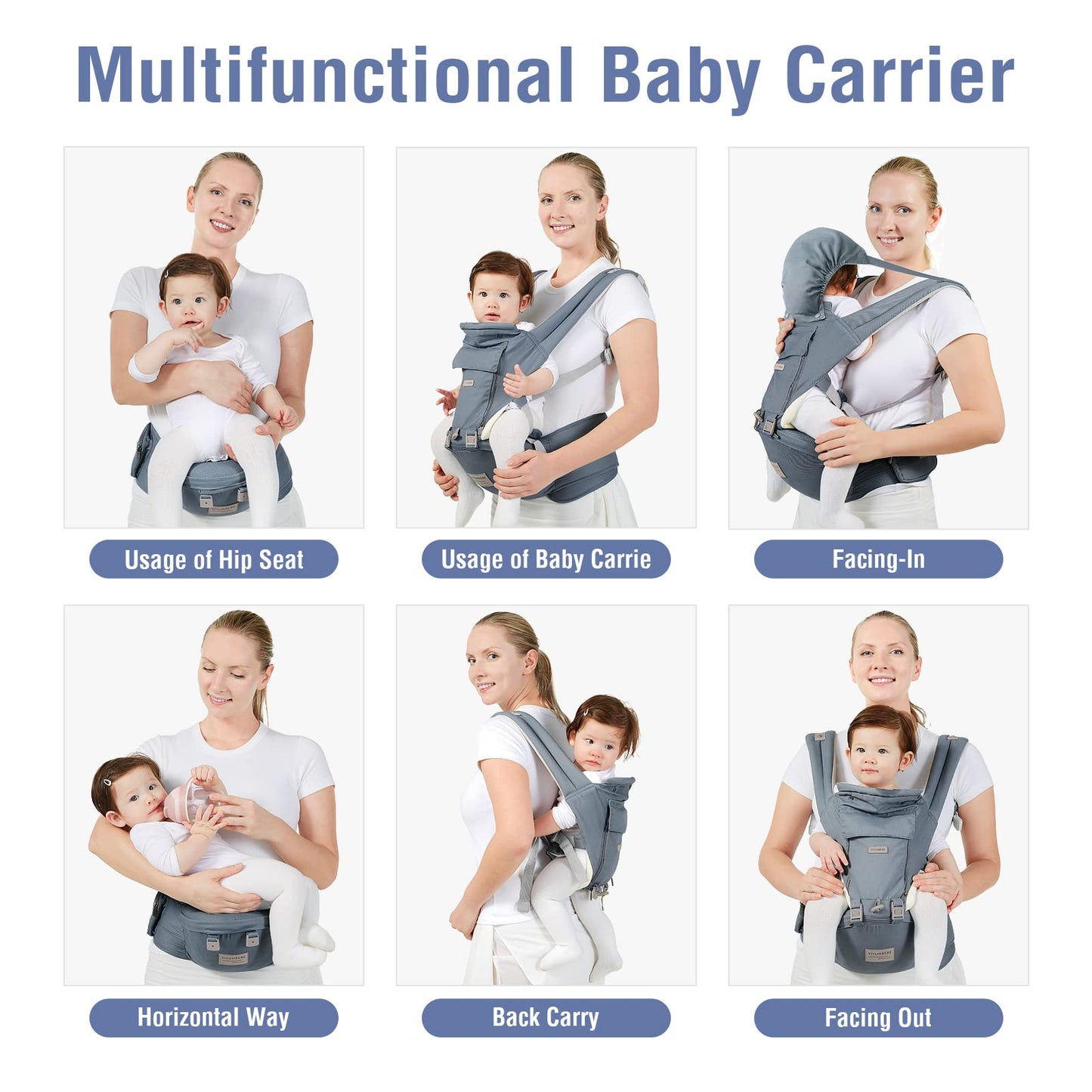 Baby Carrier, Ergonomic 6-in-1 Baby Carrier with Hip Seat for Newborn Infant Toddler, Adjustable Detachable Baby Holder Carrier for Dad Mom