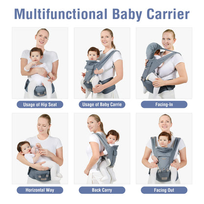 Baby Carrier, Ergonomic 6-in-1 Baby Carrier with Hip Seat for Newborn Infant Toddler, Adjustable Detachable Baby Holder Carrier for Dad Mom