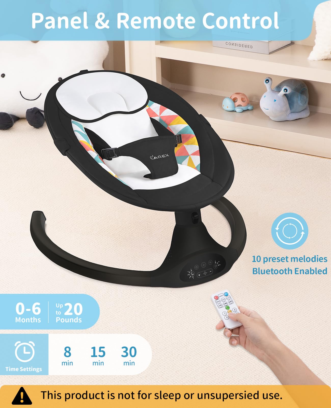 LAREX Baby Swings Electric Baby Swing Bluetooth Infant Swing Portable Rocker with 5 Speeds, 1 Seat Position, Remote Control, Grey