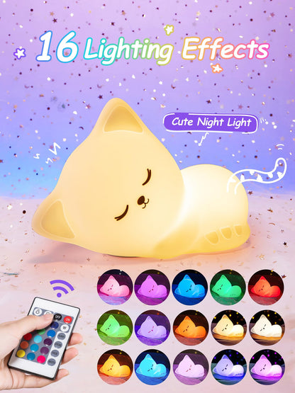 Mubarek Night Light for Kids, 16 Colors Dimmable Kids Night Light lamp, Remote Silicone Night Light for Baby Nursery, Rechargeable Cute Lamp Cat Lamp,Timer Toddler Night Light,Nightlight for Kids Room