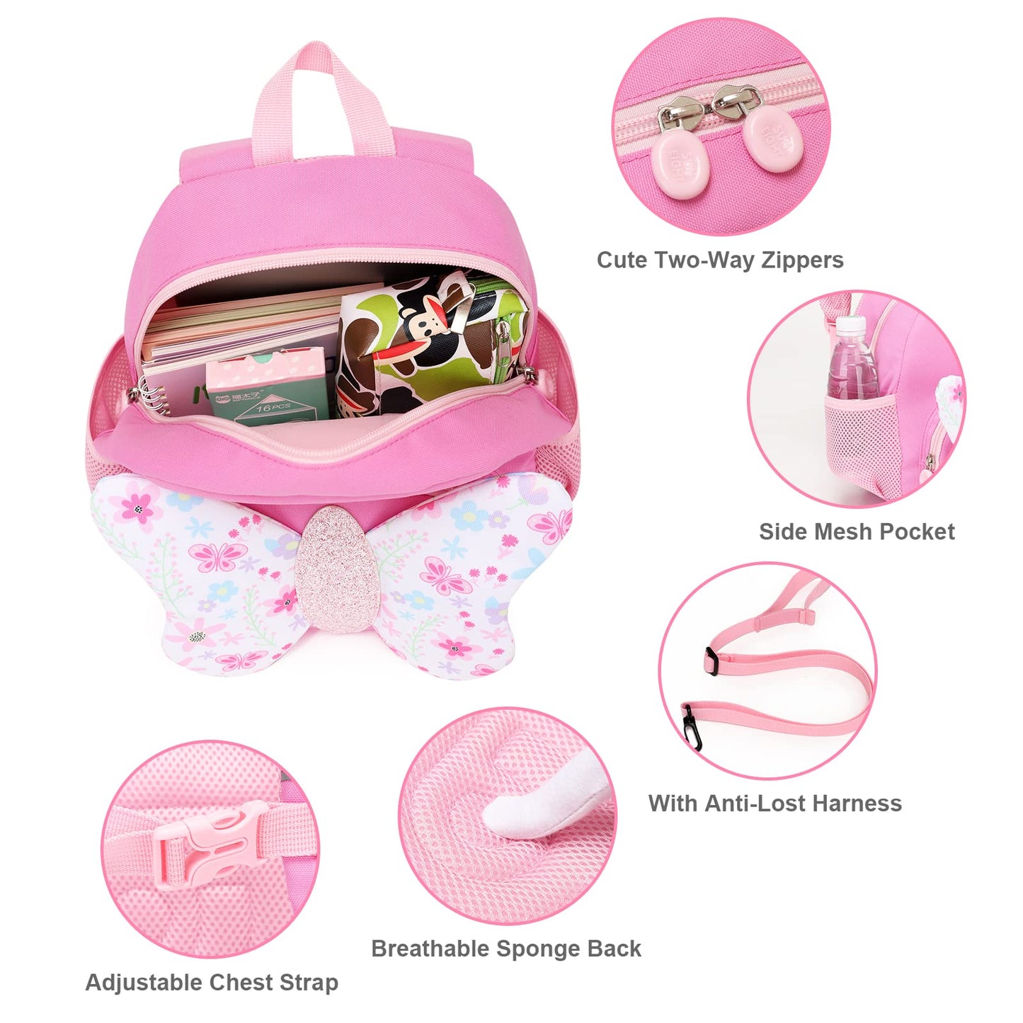 SUN EIGHT Preschool Backpack with Anti-Lost Harness Toddler Backpack School Bag 3D Cartoon Lunch Backpack for Toddler Girls 1-4 Years(Butterfly)
