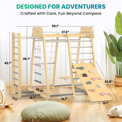 Upgraded Indoor Playground 9-in-1 Jungle Gym Kids Climbing Toys, Montessori Philosophy Waldorf Style Wooden Climber Playset with Slide, Swing, Monkey Bars, Upright/Rope Ladder, Climb Net, Rainbow