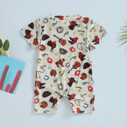 Gueuusu Country Baby Clothes Boy Girl Western Cow Print Short Sleeve Romper Bodysuit Ribbed One Piece Jumpsuit Summer Outfit