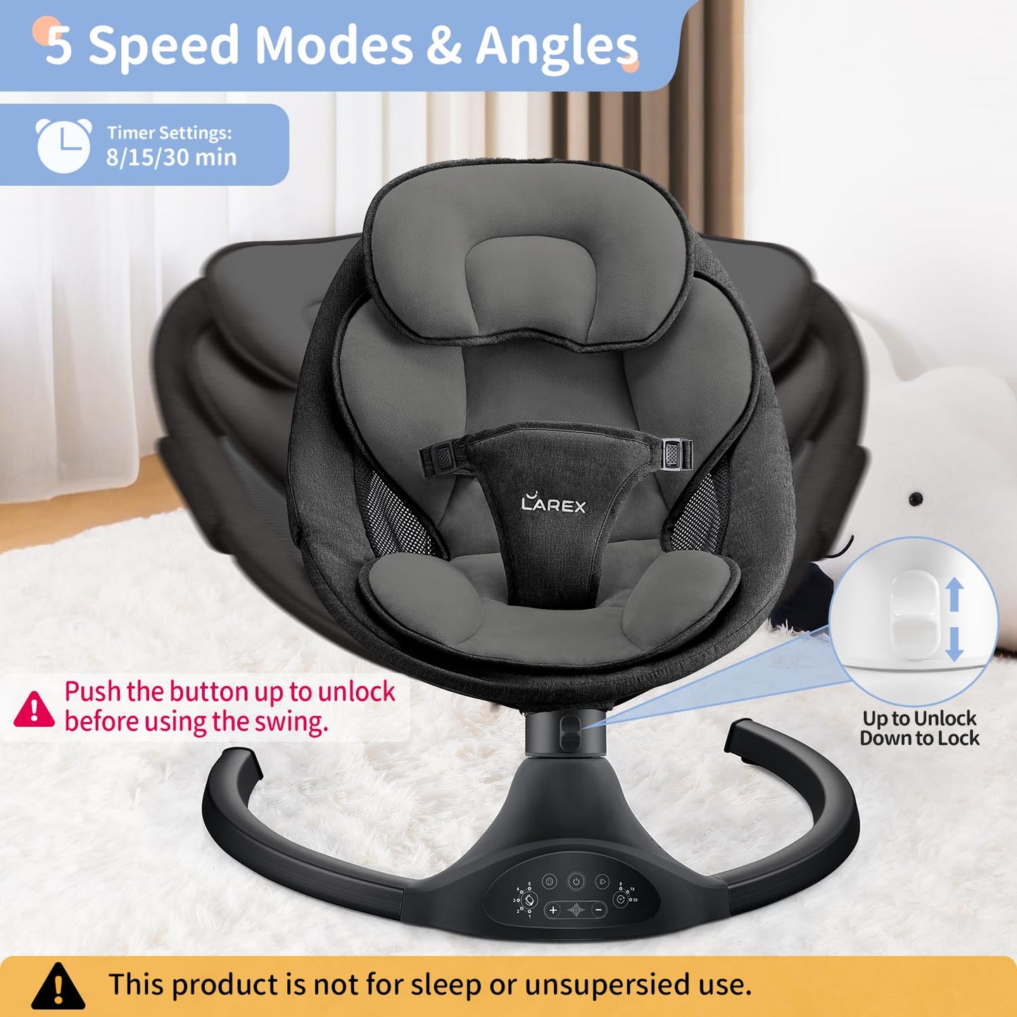 LAREX Baby Swing Infant Swing Electric Toddler Baby Rocker Portable for Newborn Boy Girl, 5 Sway Speeds with Remote Control, 10 Preset Melodies and Bluetooth, 0-6 Months Max 20 Lbs (Pink)