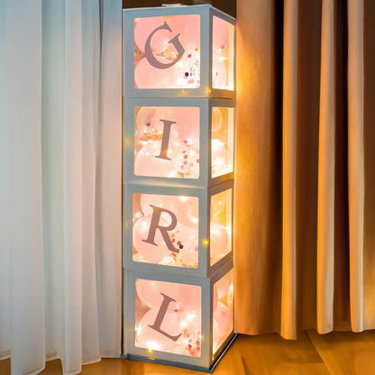 Uptotop Baby Shower Balloon Box Decorations, 4 Pcs Baby Blocks Transparent Balloon Boxes with Letters, Fairy String Lights and 36 Pcs Latex Balloons for Decor, Pink