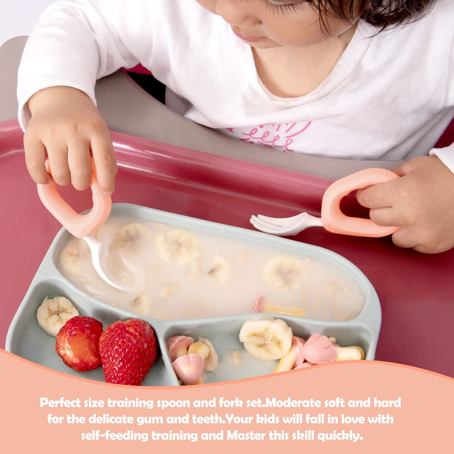 Baby Self Feeding Training Spoon and Fork Set with Travel Case, BPA-Free Cute Circle Toddler Training Utensils, Silicone/ABS Great Tableware Set Spoons Fork for Kids(Yellow)