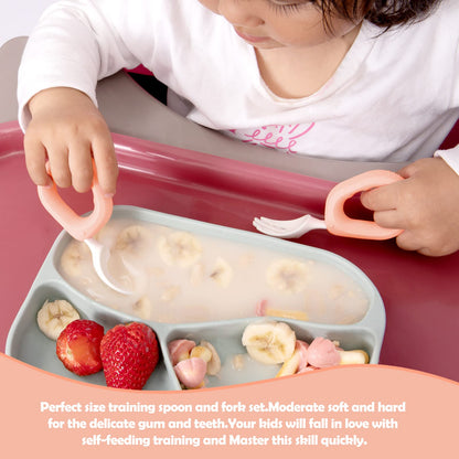 Baby Self Feeding Training Spoon and Fork Set with Travel Case, BPA-Free Cute Circle Toddler Training Utensils, Silicone/ABS Great Tableware Set Spoons Fork for Kids(Yellow)