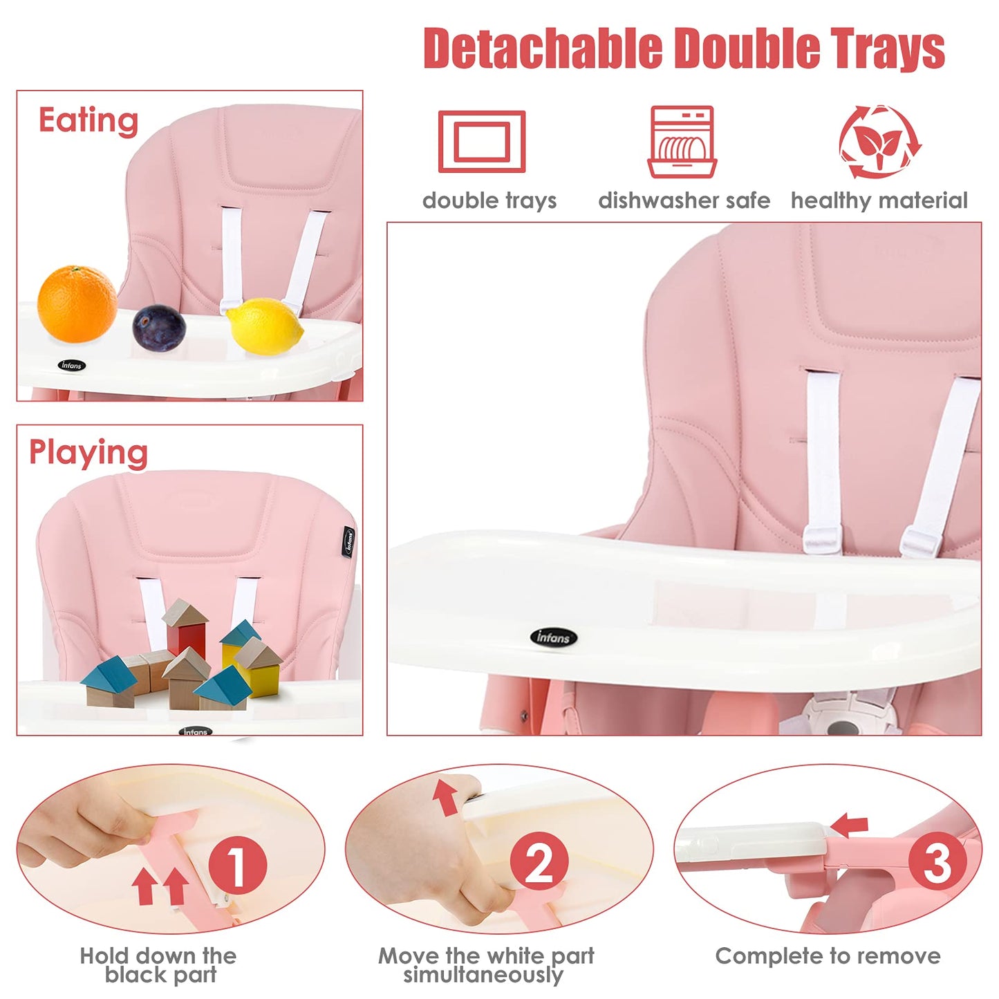 INFANS High Chair for Babies & Toddlers, Foldable Highchair with Multiple Adjustable Backrest, Footrest and Seat Height, Removable Tray, Detachable PU Leather Cushion, Built-in Rear Wheels (Black)