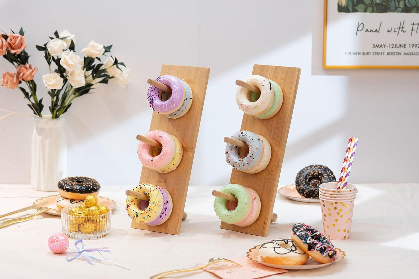 Aimto Donut Wall Stand Wooden Doughnut Display Stand Dessert Table Decoration for Party, Dessert Table,Birthday, Wedding, Baby Shower, Bridal Showers, Pack of 2（Bamboo）