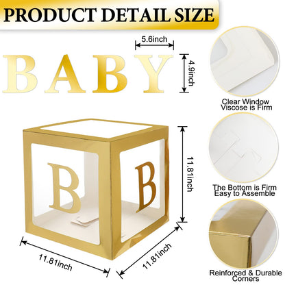 Gold Baby Boxes with Letters for Baby Shower, Baby Shower Decorations for Boys or Girls, Transparent Balloon Boxes Clear Blocks for Birthday Party, Bridal Shower, Gender Reveal