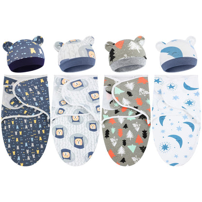 Buryeah 4 Pack Preemie Swaddle Blanket Wrap Set with Hat for Baby Boys Girls 3-7 Lbs Preemie Newborn Clothes Sleepers Cap