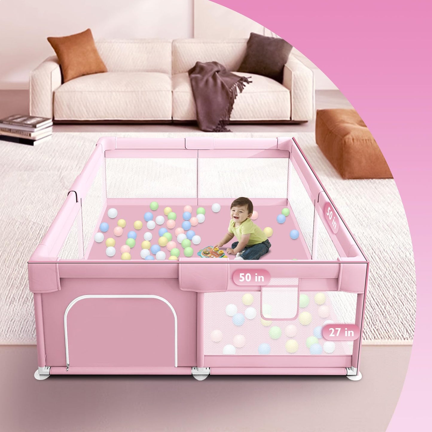 Baby Playpen 50x50 Inch, Play Pens for Babies and Toddlers Baby Fence Baby Play Yards for Indoor & Outdoor with Breathable Mesh Anti-Fall Playpen
