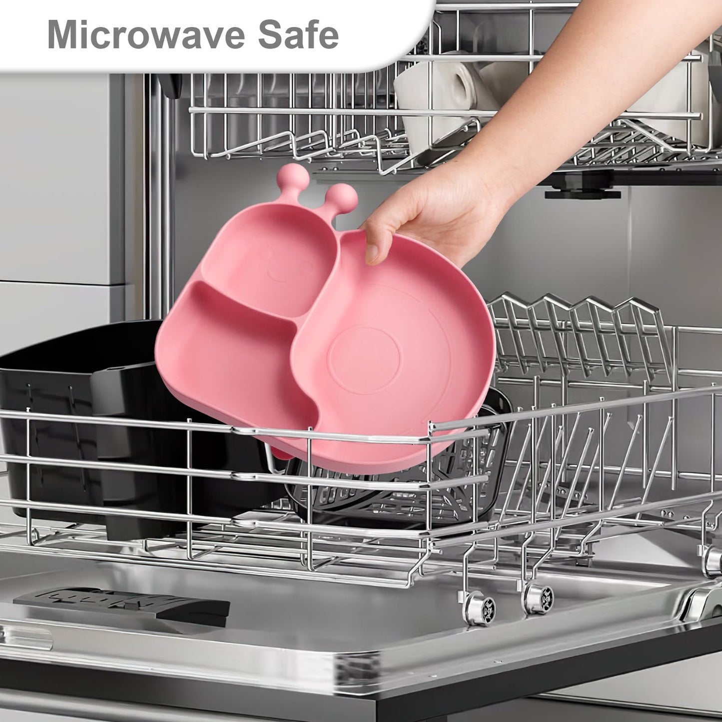 Silicone Baby Plate with Super Suction – Snail Shape 3 Compartment Toddler Food Plate Self Feeding Unbreakable Eating Supplies for Boys and Girls (Pink) (Green)