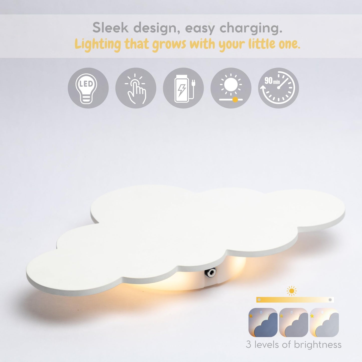 Cloud Lamp (Pack of 1) with Nursery Wall Decals - Baby Night Light - Cloud Nursery Decor - 3 Levels Dimmer - Rechargeable - Baby Room Decor - Nursery Lighting