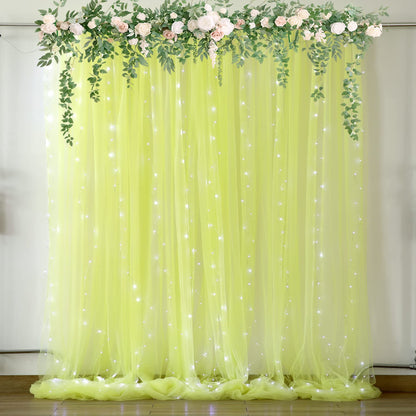 White Tulle Backdrop Curtain with Lights String for Parites 10×8ft Sheer Backdrop Curtains White Curtain Backdrop for Wedding Baby Shower Birthday Party Photo Shoot Decorations(2 Panels 10ft×8ft)