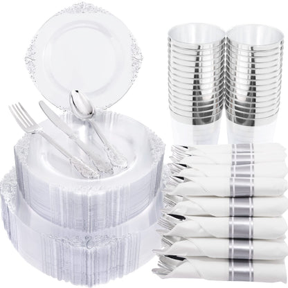 Morejoy 175PCS Rose Gold & Silver Plastic Dinnerware Set: 25 Plates, 25 Forks, 25 Knives, 25 Spoons, 25 Cups, 25 Napkins - Perfect for Wedding & Party