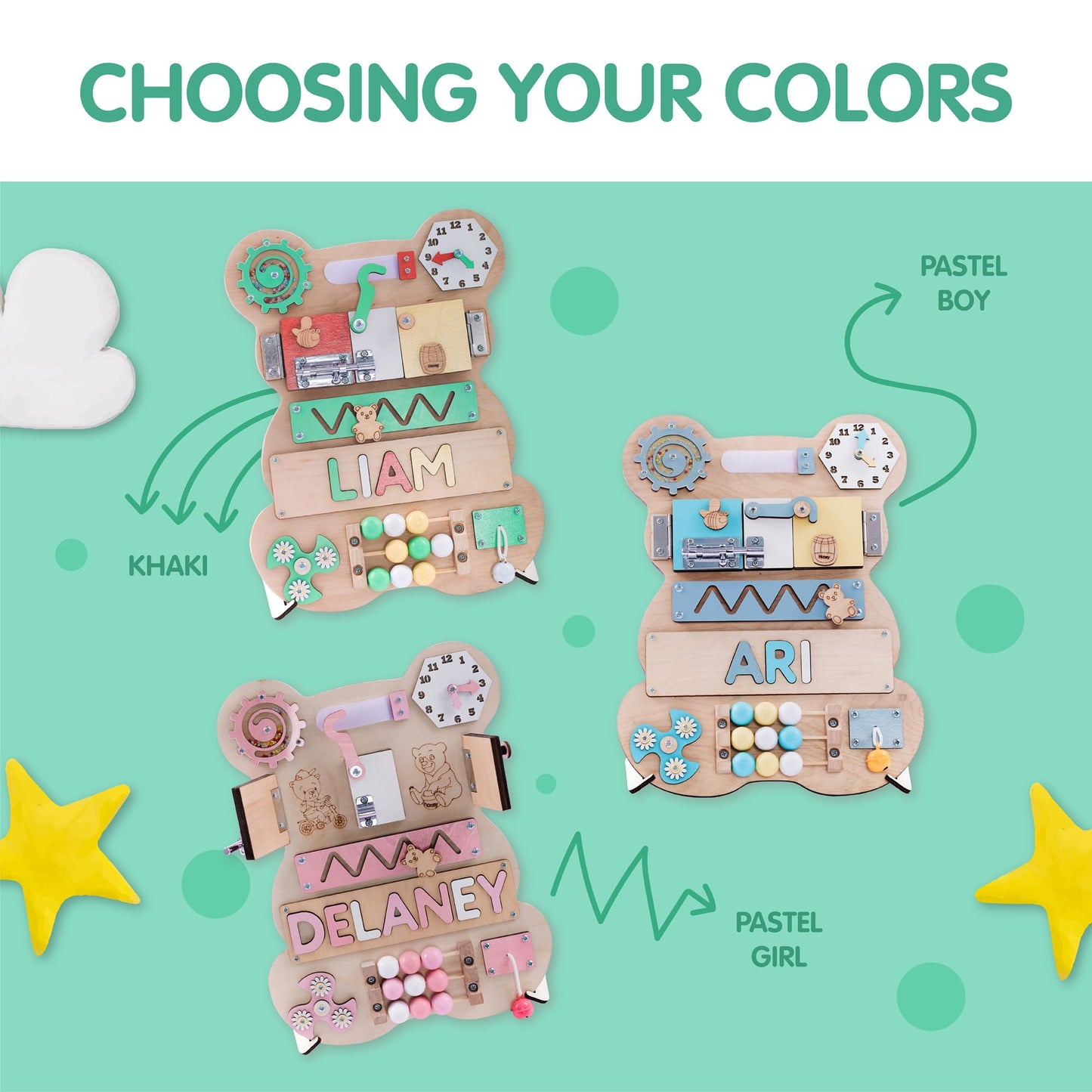 Nabytok Customized Name Puzzle for Toddlers (Fixed I J Letters) Personalized Toddlers Busy Board, Baby Personalized Board for 1-5 Years Old, First Birthday Gift, Montessori Toys (Pastel Girl)