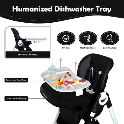 4 in 1 High Chairs for Babies and Toddlers, Convertible Foldable Baby High Chairs, Feeding and Eating Seat Highchair with 4 Levels of Recline and 7 Levels of Height Adjustment, Gray