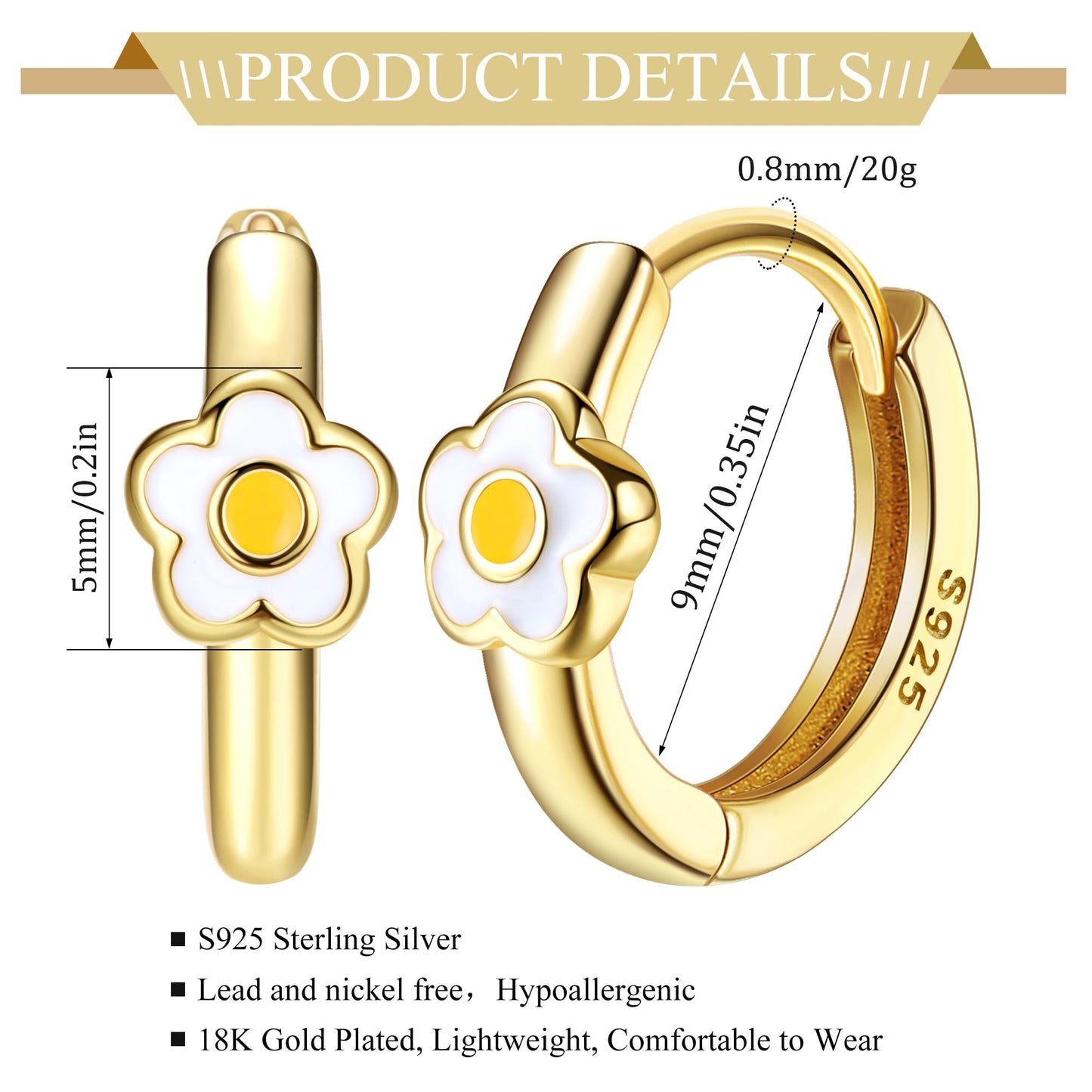 MILACOLATO 925 Sterling Silver Small Hoop Earrings Toddler 18K Gold Plated Daisy Earrings Pink Yellow FLower Huggie Hoop Earrings for Women Hypoallergenic Earrings for Sensitive Ears