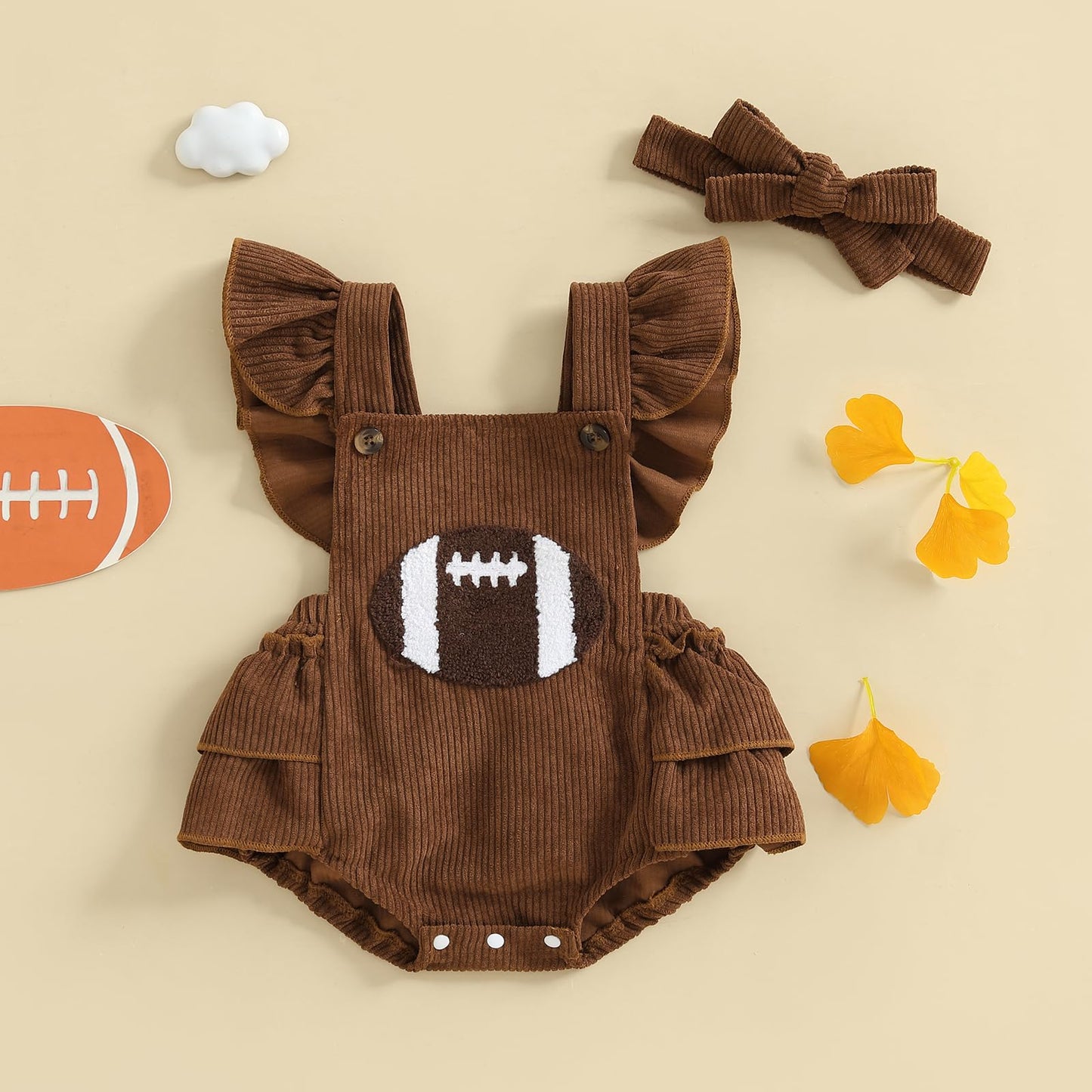 Football Baby Girl Outfit Embroidery Football Romper Ruffle Sleeve Corduroy Bodysuit Overalls Game Day Clothes