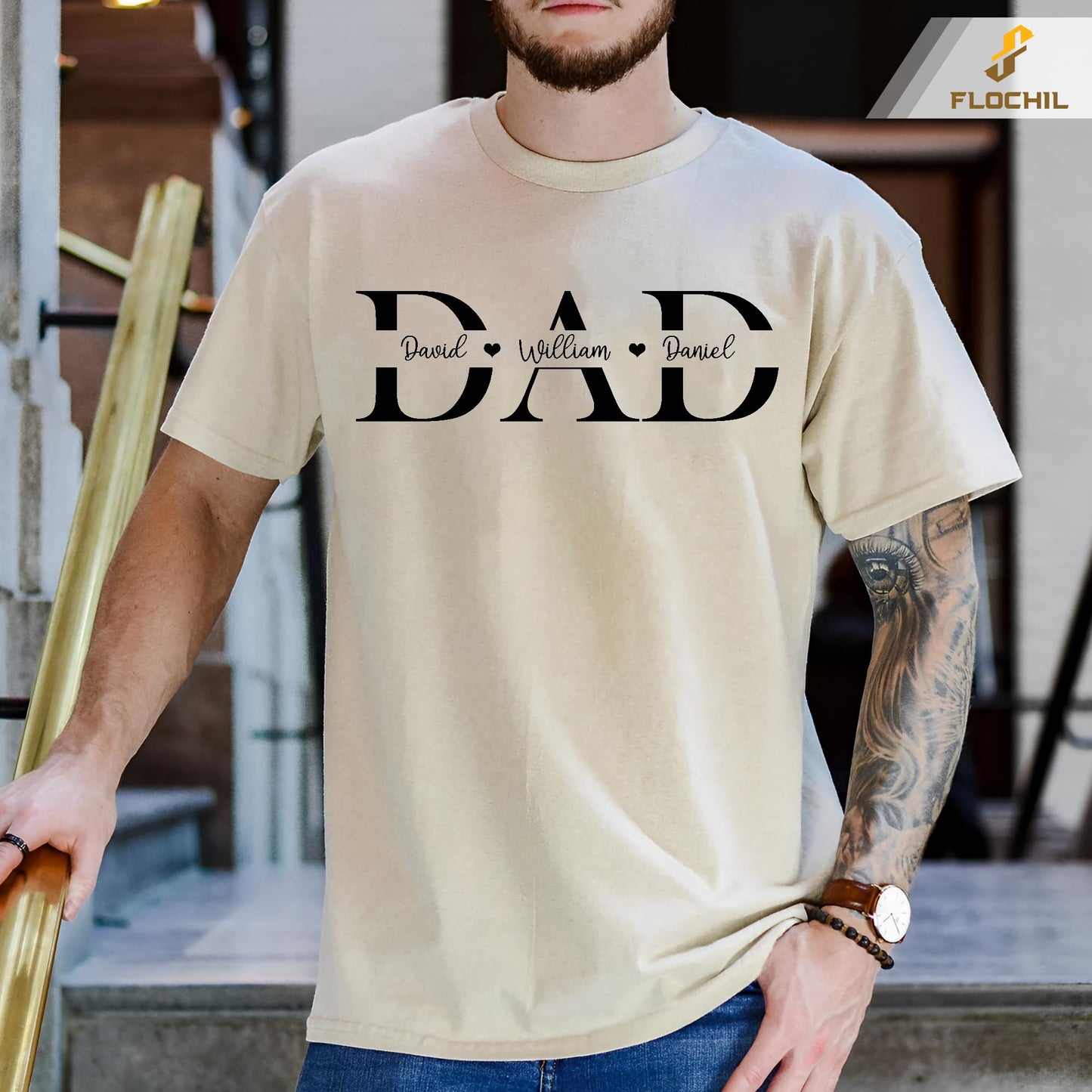 FLOCHIL Personalized Fathers Day Shirts with Kids Name, Custom Dad Shirts for Men, Gifts for Dad, Fathers Day, Christmas
