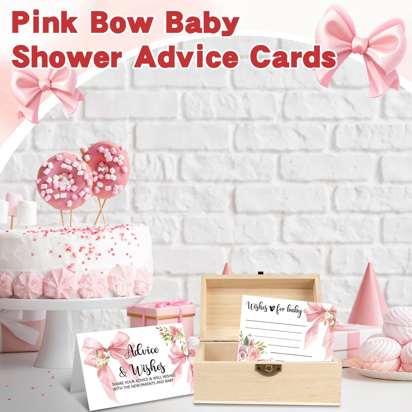 50 PCS Pink Bow Baby Shower Advice Cards For Parents To Be, Advice and Wishes Cards with Box for Baby Shower Games Advice for New Parents Baby Showers