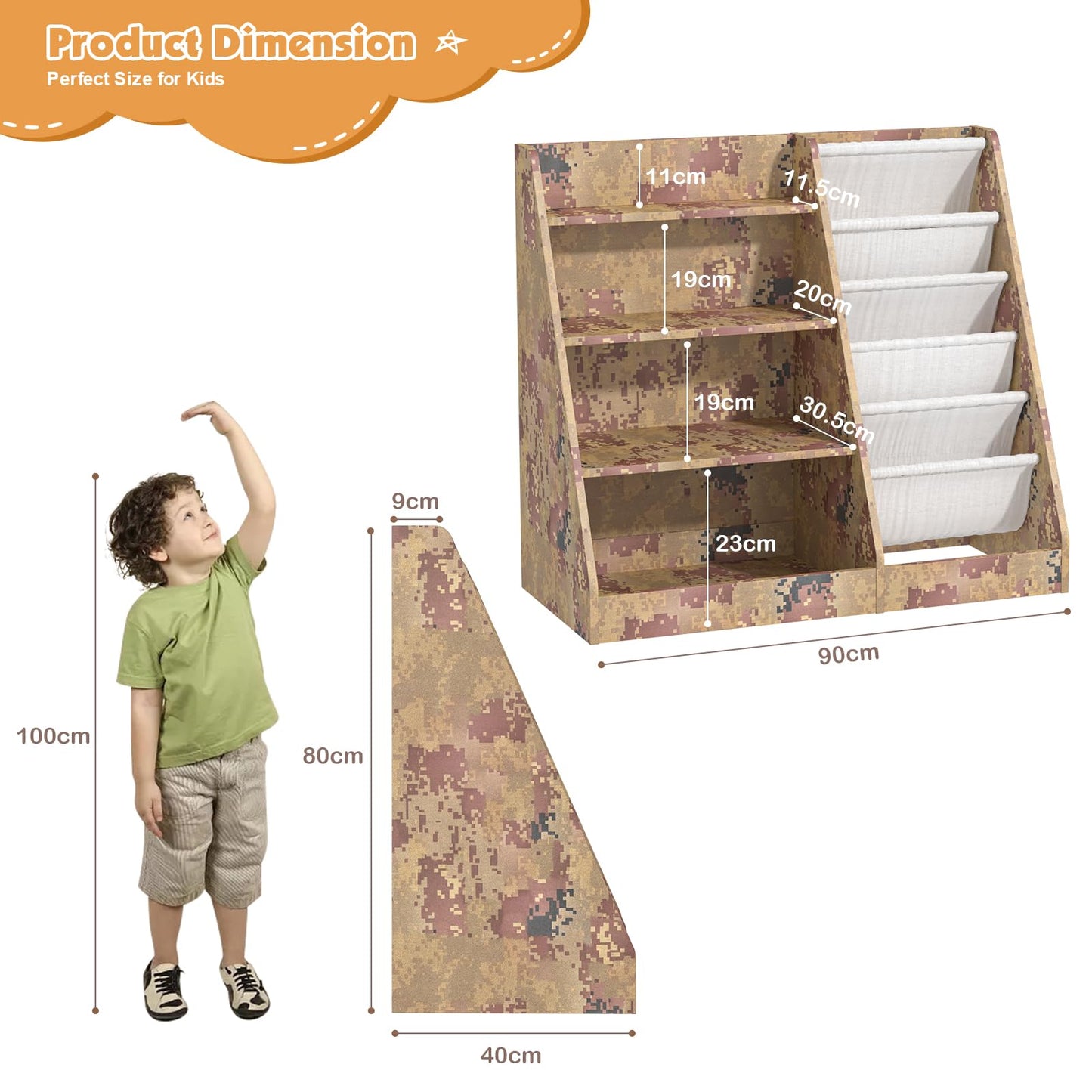 White Kids Bookshelf Wood Toy Storage Organizer Cabinet Children Bookcase Toddler Baby Sling Book Rack 3 Cube Bins Fabric Drawers for Playroom Bedroom Nursery School